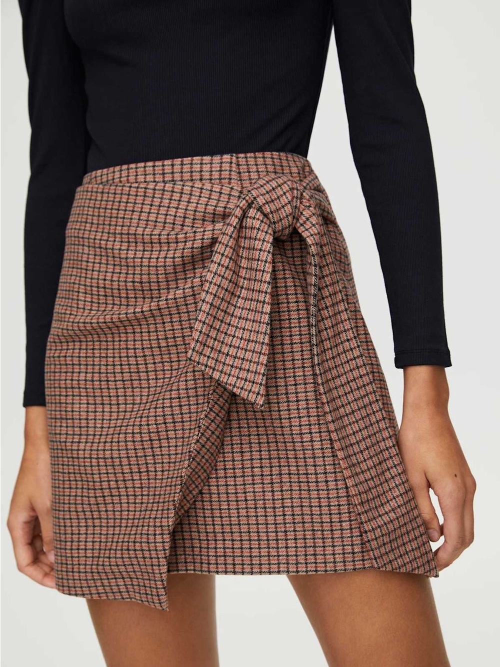 Wilfred Aritzia Wool Cashmere Plaid Wrap Tie Mini Skirt Brown Preppy Academia 4